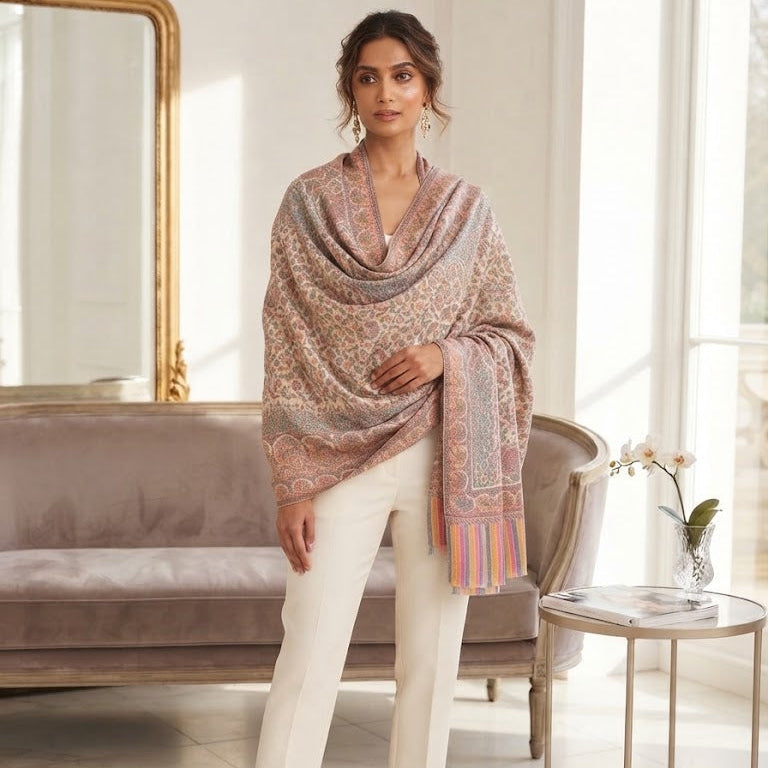 Cream and Powder Blue Kani Shawl
