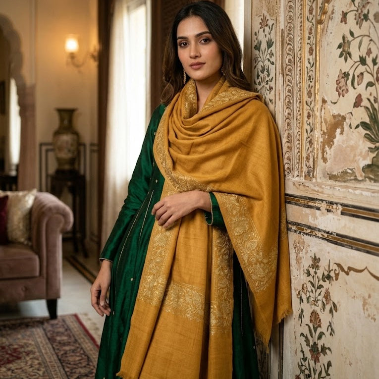 A woman wearing a dark green traditional outfit with a mustard yellow shawl draped over her shoulders, standing in an ornate indoor room with patterned walls and a sofa in the background.