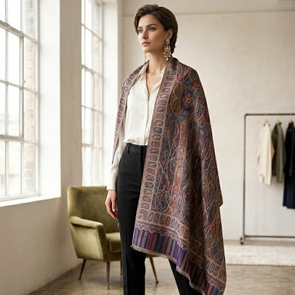 A woman models a long, draped shawl with an intricate multicolor paisley and geometric pattern in brown, red, blue, and gold tones, styled over a white blouse and black trousers in a bright, modern loft setting.