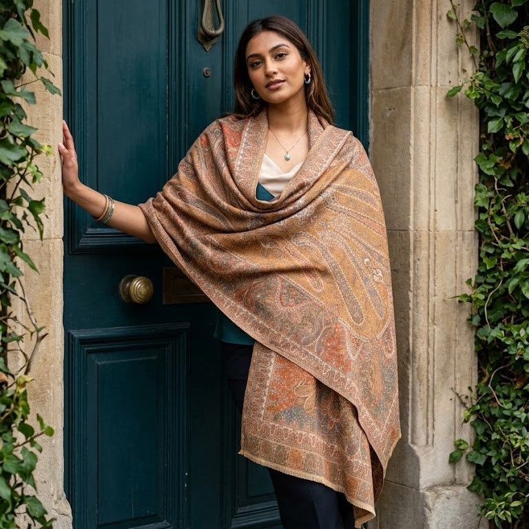 A woman wearing a large patterned shawl in earthy tones of brown, beige, and orange, standing in front of a dark teal wooden door with stone columns and ivy.