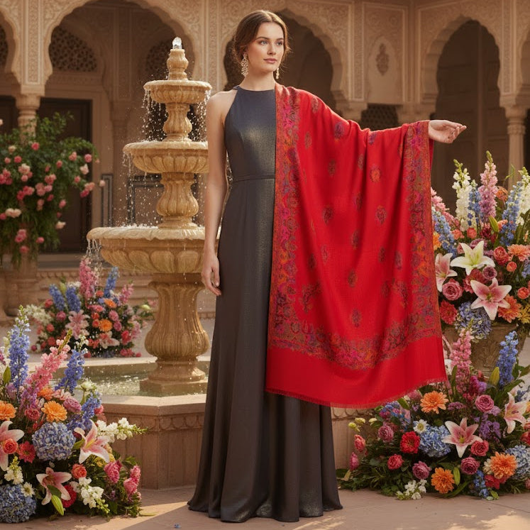 Red Kani Shawl on a female model