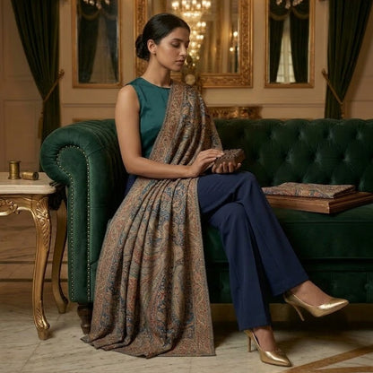Woman in formal attire sitting on a green sofa in an elegant room with mirrors and chandeliers.