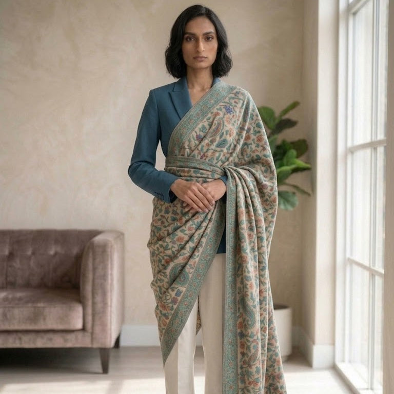 A woman stands in a bright indoor room wearing a draped patterned shawl or scarf over a teal long-sleeve top, cream pants, and beige heels. The shawl has a soft sage green base with intricate floral motifs in muted pink, beige, and blue-green tones.