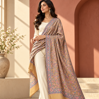 A woman models a luxurious beige and brown shawl with intricate multicolor floral patterns and a gold border, styled over a cream-colored outfit in an elegant outdoor setting with warm sunlight and terracotta arches.