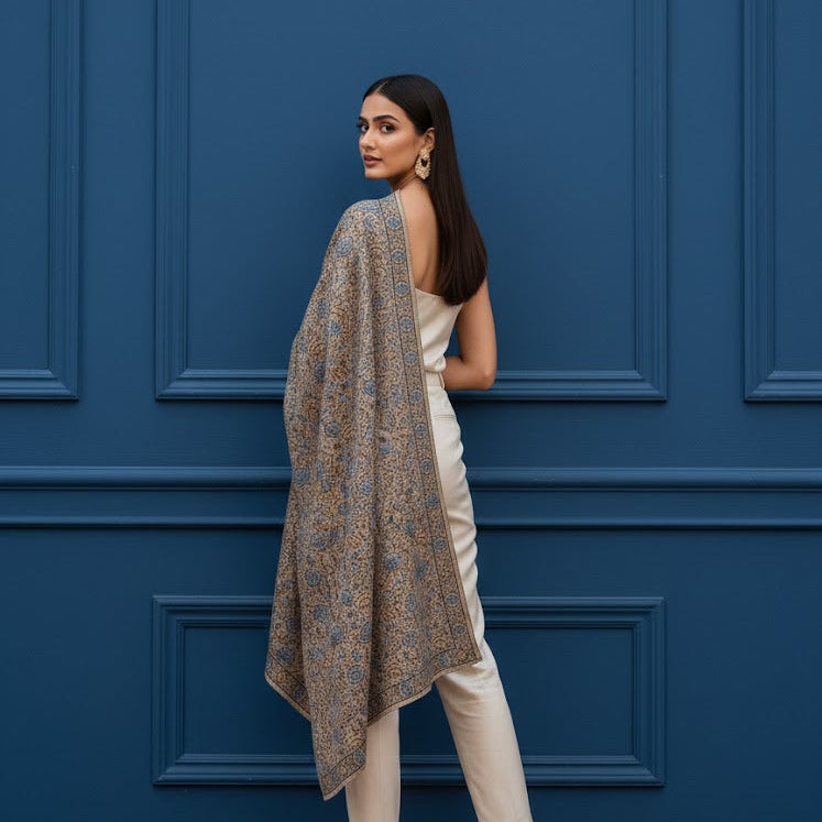 Brown Sozni Wool Shawl - Jamawar Rose Embroidered Wrap for Evening Wear