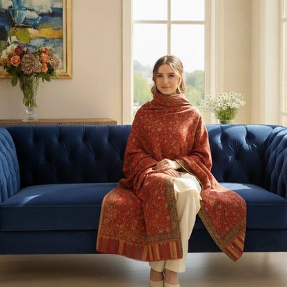 Woman sitting on a blue couch wearing a red patterned shawl in a bright room with large windows.