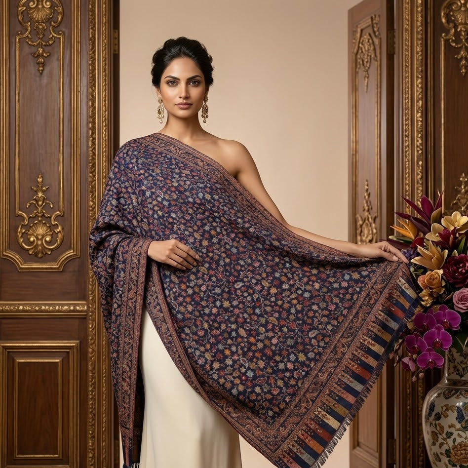 Woman wearing a patterned shawl in an ornate room with a vase of flowers.