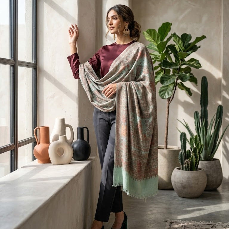 A woman stands by a sunlit window wearing a draped shawl with a multicolor abstract pattern in beige, sage green, and dusty pink over a burgundy top and dark pants. The setting is a modern loft with concrete walls, potted plants, and ceramic vases on the windowsill.