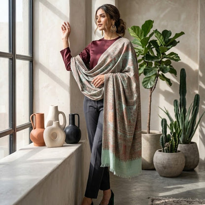 A woman stands by a sunlit window wearing a draped shawl with a multicolor abstract pattern in beige, sage green, and dusty pink over a burgundy top and dark pants. The setting is a modern loft with concrete walls, potted plants, and ceramic vases on the windowsill.