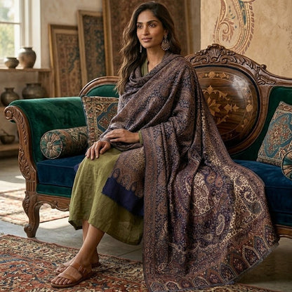A woman sits on an ornate teal sofa in a richly decorated room, wearing a dark brown and gold paisley shawl draped over an olive green dress. The scene features traditional Indian decor, including patterned rugs, framed wall art, and carved wooden furniture.