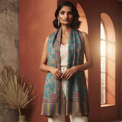 A woman models a sleeveless teal and multicolor patterned shawl draped over her shoulders, styled with a white top and wide-leg white trousers in a warm-toned architectural setting.