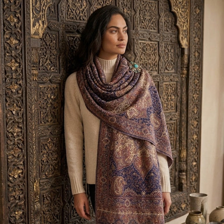A woman wearing a large, ornate paisley shawl in purple, gold, and brown tones, styled over a cream sweater and black pants, standing in front of a carved wooden screen.