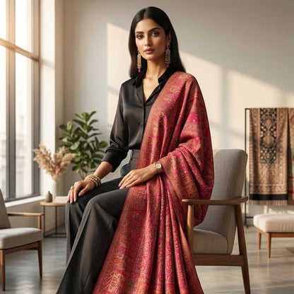 Pure Wool Kani Shawl in Magenta Pink  