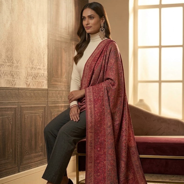 A woman sits on a chair in an elegant room, draped in a rich, deep red shawl with intricate gold and silver patterns. She is wearing a white turtleneck, dark gray trousers, and dark red high heels.
