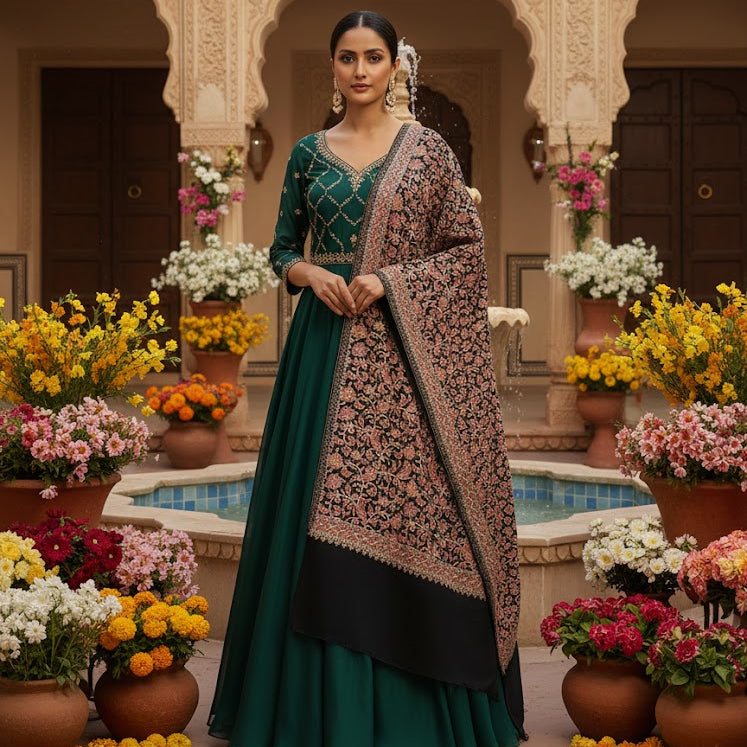 Woman in traditional green and black outfit with floral decorations in a decorative setting
