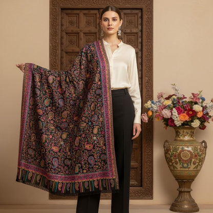 Woman holding a patterned scarf in a decorative setting with a vase of flowers and wooden door.
