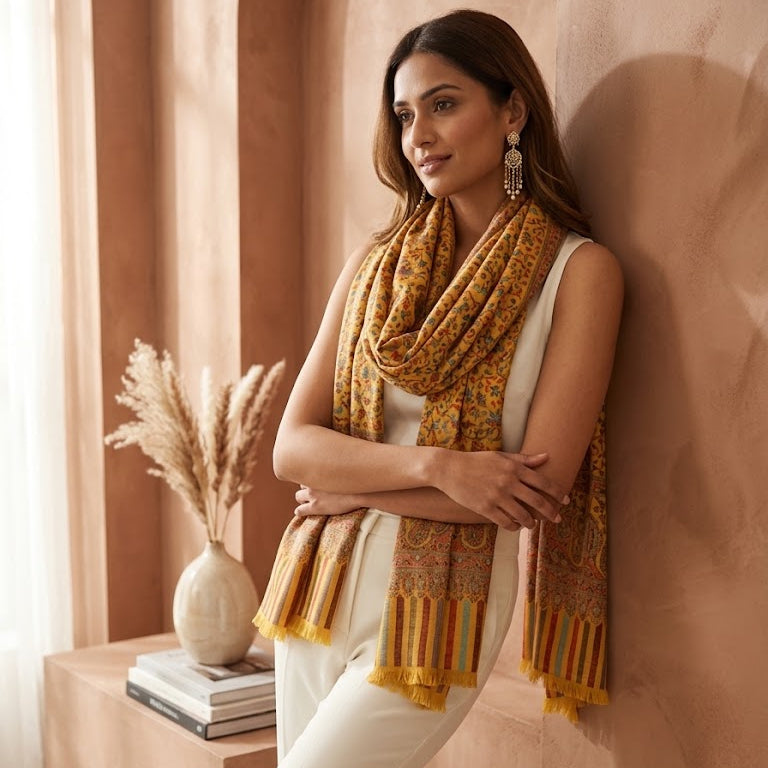 A woman wearing a cream sleeveless top and white pants leans against a warm terracotta wall, draped in a mustard yellow and orange patterned scarf with fringe.