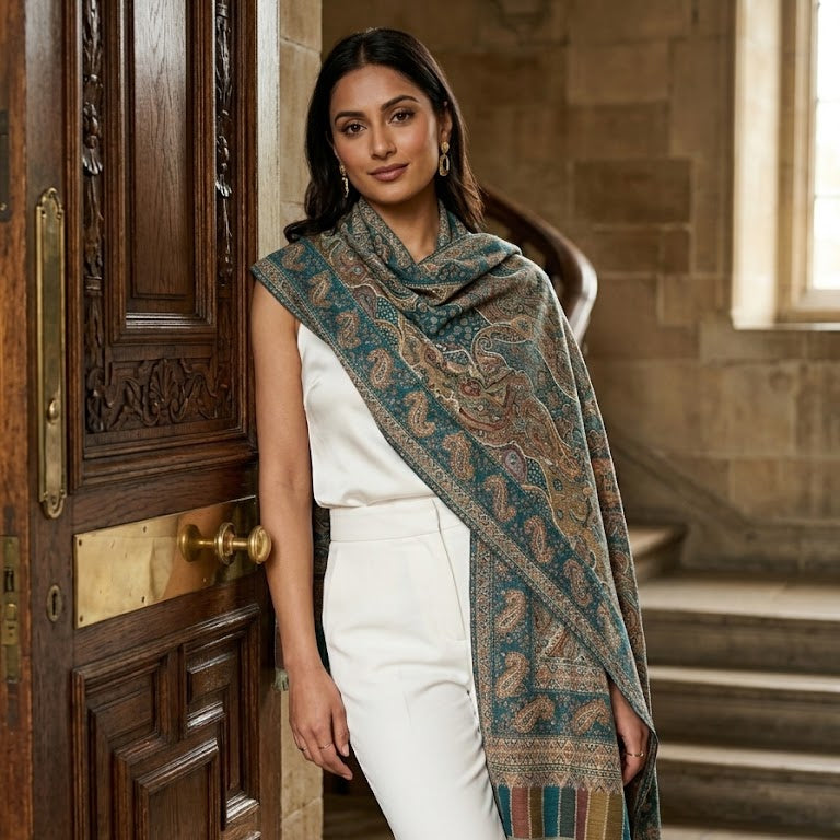 A woman wearing a white sleeveless top and white trousers stands in a stone interior doorway, draped with a large patterned shawl in teal, beige, and brown tones.