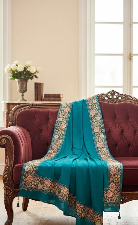 Women’s Wool Shawl - Pure Tilla Embroidery Border - Dark Blue