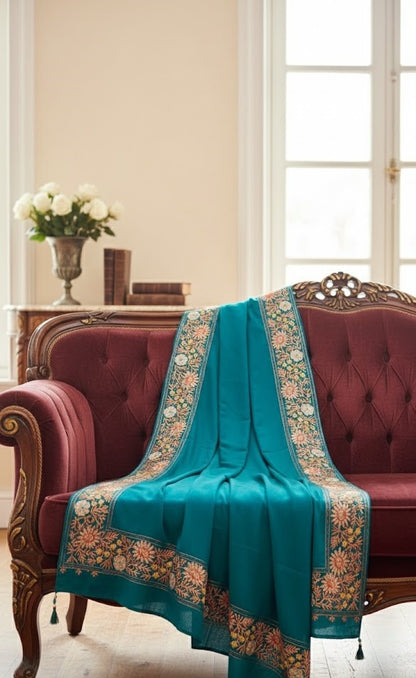 Women’s Wool Shawl - Pure Tilla Embroidery Border - Dark Blue