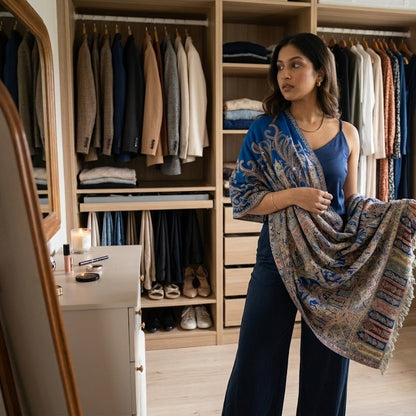 A woman stands in a well-lit walk-in closet wearing a blue top and dark wide-leg pants, while holding up a patterned shawl or wrap with blue, beige, and multicolor motifs. The closet is filled with hanging jackets, folded clothes, and shoes.