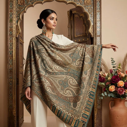 Woman wearing a patterned shawl in front of an ornate mirror with a vase of flowers.