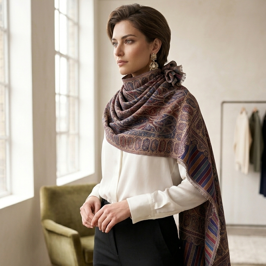 A woman models a patterned shawl scarf draped over her shoulders, paired with a white blouse and black trousers in a bright, modern room with large windows.