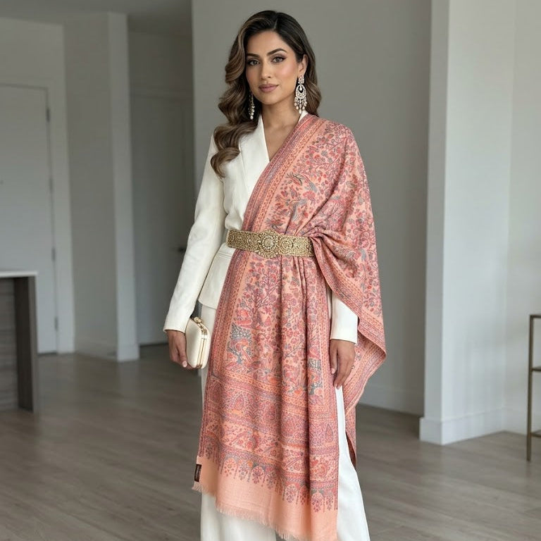 Woman wearing a peach patterned shawl over a white outfit in a minimalistic room.
