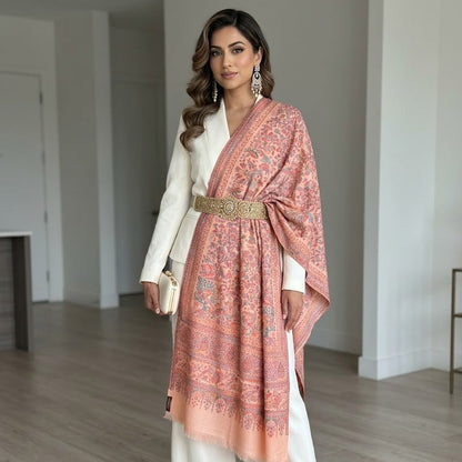Woman wearing a peach patterned shawl over a white outfit in a minimalistic room.