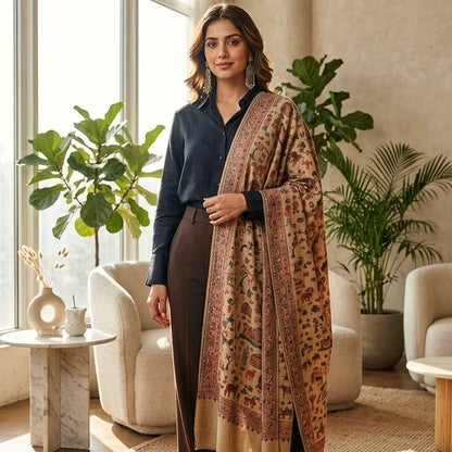 A woman stands in a bright, modern living room wearing a dark navy button-up shirt, brown trousers, and a beige printed shawl draped over her shoulders.