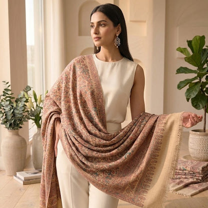 Woman wearing a patterned shawl in a home setting with plants and decor.