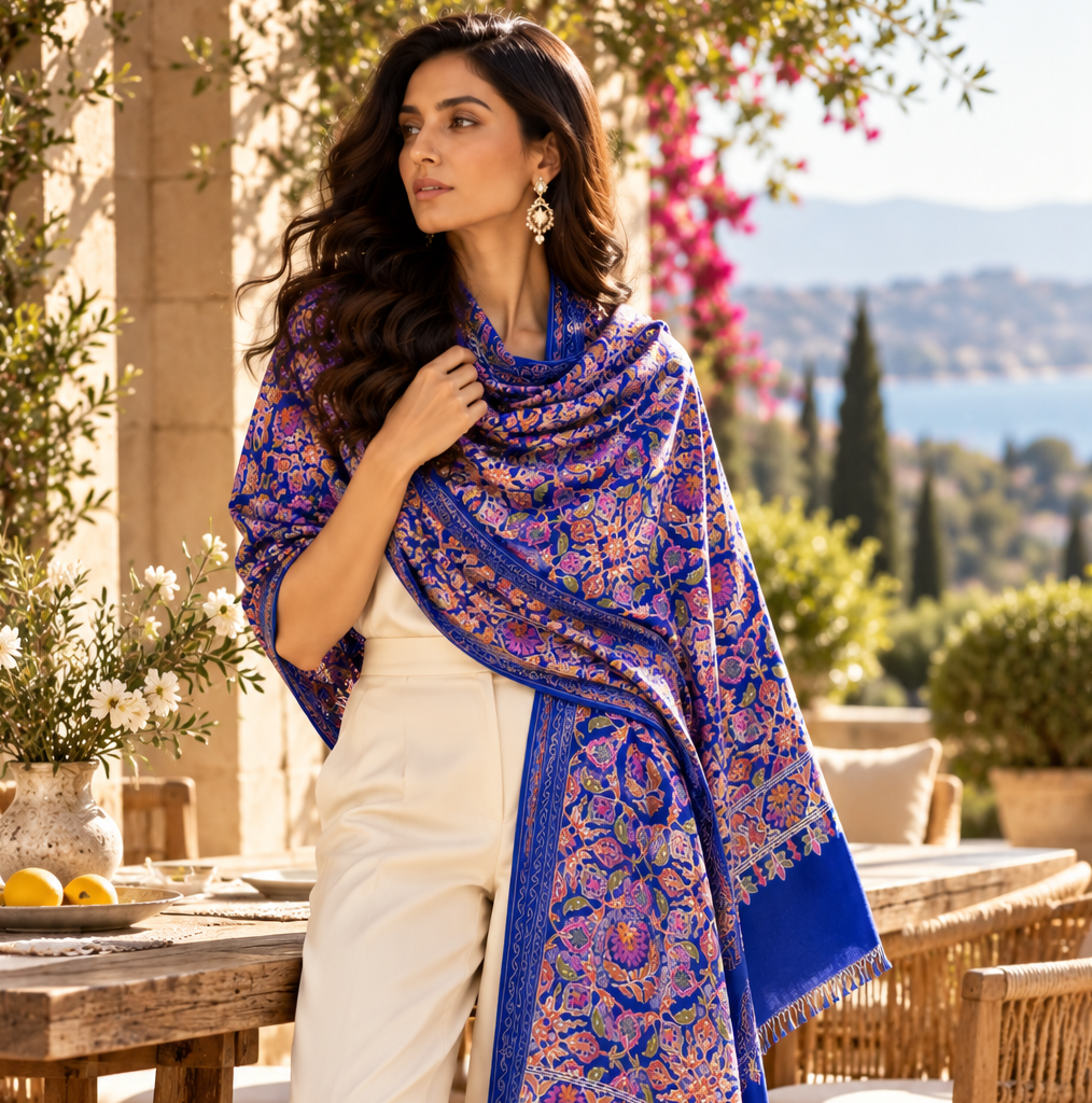A woman stands on an outdoor patio wearing a bright royal blue shawl with intricate pink and purple floral patterns, paired with white wide-leg pants. The background features wooden dining tables and chairs, potted plants, and a scenic view.