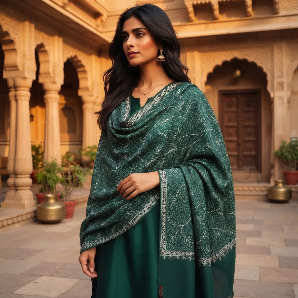 Green Nalki Wool Blend Stole - Embroidered Wrap for Everyday Wear