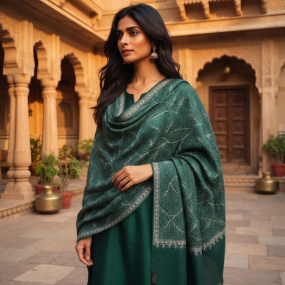 Green Nalki Wool Blend Stole - Embroidered Wrap for Everyday Wear