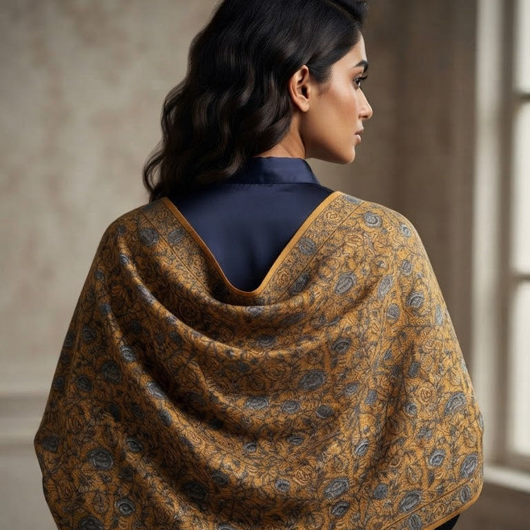A woman shown from the back wearing a draped mustard yellow shawl with a blue paisley pattern over a navy blue top, set against a softly lit neutral interior background.