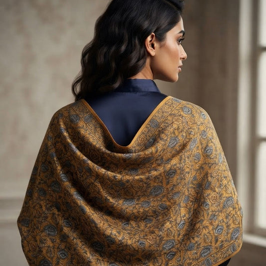 A woman shown from the back wearing a draped mustard yellow shawl with a blue paisley pattern over a navy blue top, set against a softly lit neutral interior background.