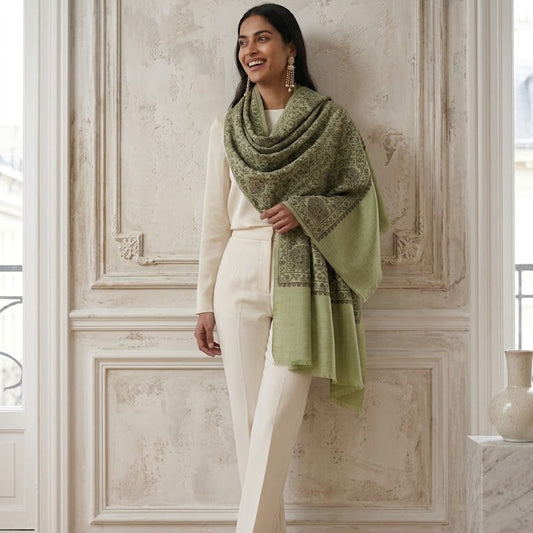 A woman stands indoors against a decorative cream paneled wall, wearing a cream outfit and a large sage green shawl with a subtle floral pattern and embroidered border. She is wearing pointed-toe heels and earrings.