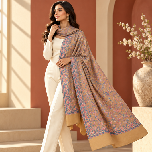 A woman models a beige and brown printed shawl with blue borders over a white jumpsuit in a warm, sunlit architectural setting.
