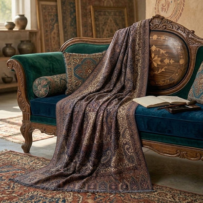 A richly patterned dark brown and gold paisley throw blanket is draped over an ornate teal velvet chaise lounge in a vintage-style room with framed tapestries and a patterned rug.
