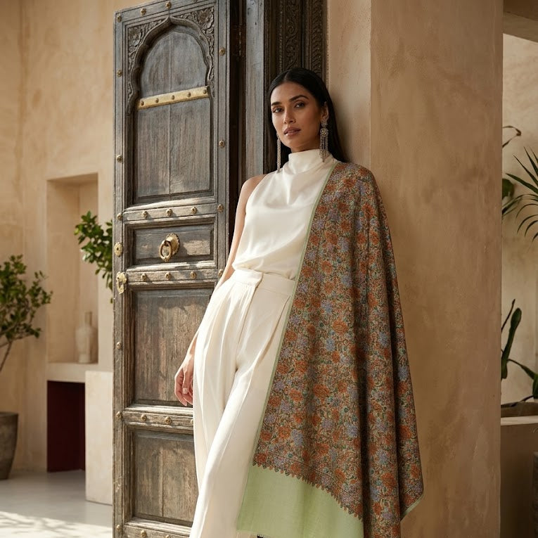 Sage Green Sozni Wool Shawl - Floral Jaal Embroidered Wrap for Occasion Wear