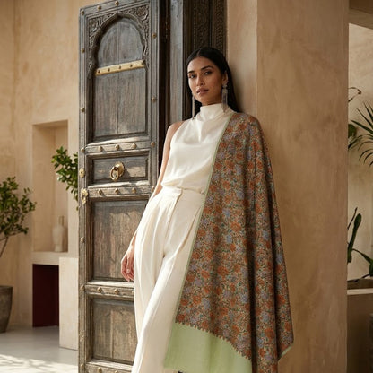 Sage Green Sozni Wool Shawl - Floral Jaal Embroidered Wrap for Occasion Wear
