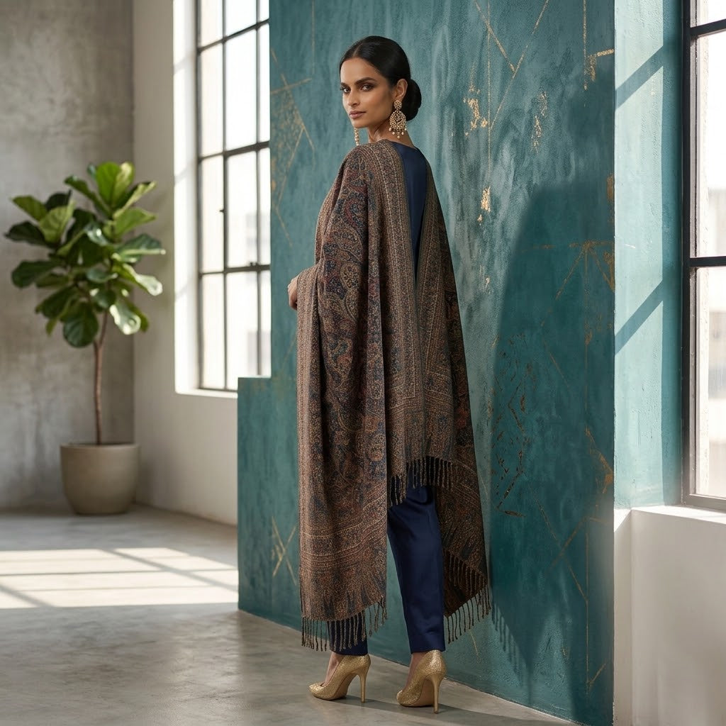 A woman stands in a modern room wearing a large brown patterned shawl draped over her shoulders, paired with navy pants and beige heels. The room features a textured teal wall with gold leaf accents, a potted plant, and large windows.