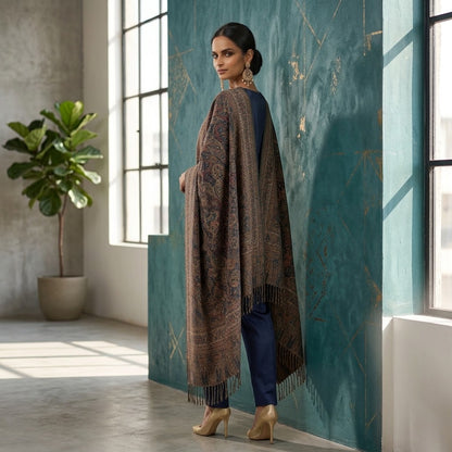 A woman stands in a modern room wearing a large brown patterned shawl draped over her shoulders, paired with navy pants and beige heels. The room features a textured teal wall with gold leaf accents, a potted plant, and large windows.