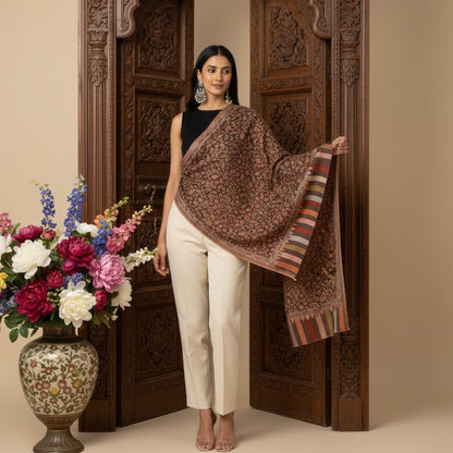 Woman holding a patterned scarf in front of an ornate wooden door with flowers on a table.