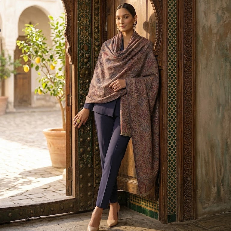 A woman stands in an ornate carved wooden doorway wearing a large patterned shawl in muted mauve, brown, and gold tones, paired with navy pants and nude heels, in a sunlit courtyard setting.