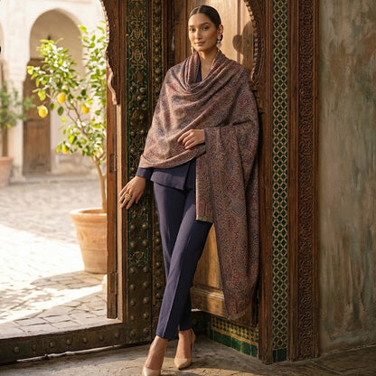 A woman stands in an ornate carved wooden doorway wearing a large patterned shawl in muted mauve, brown, and gold tones, paired with navy pants and nude heels, in a sunlit courtyard setting.
