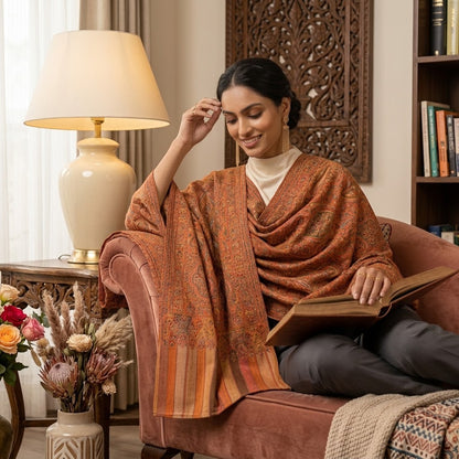 A woman sits in a dusty rose armchair in a warmly lit living room, wearing a rust-orange patterned shawl over a cream turtleneck and dark gray pants while reading an open book.