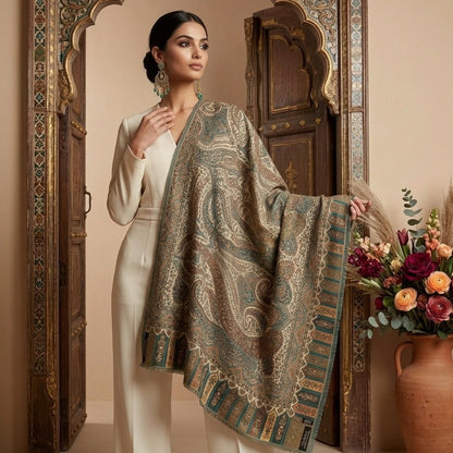 Woman holding a patterned shawl in front of an ornate mirror with a vase of flowers on a table.