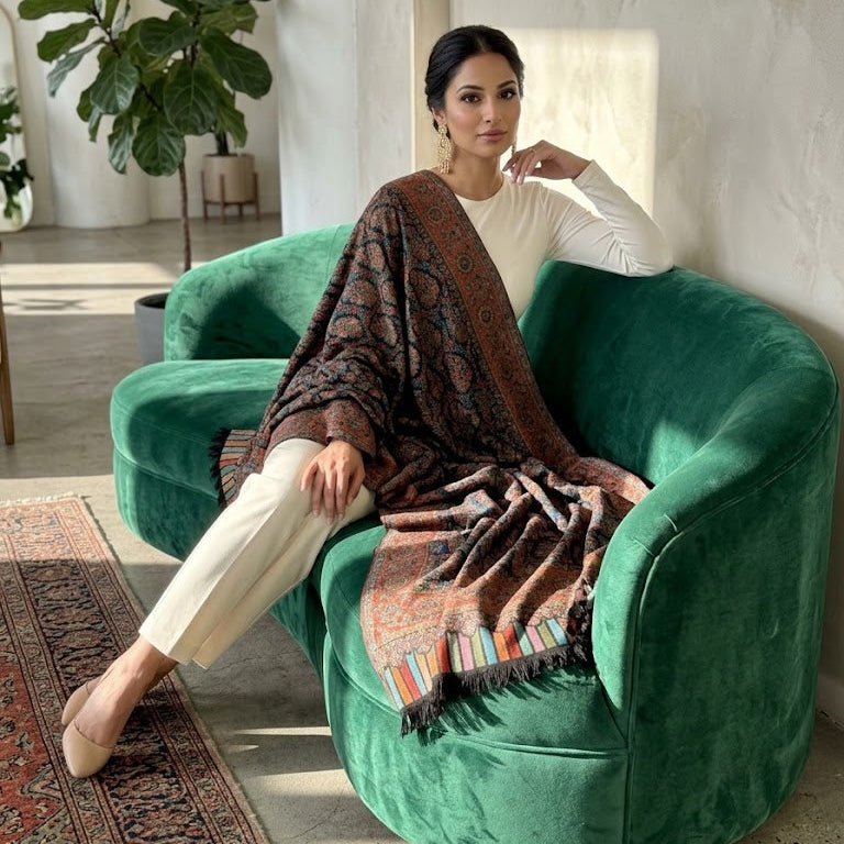 A woman sits on a plush green velvet armchair in a bright, modern room, draped in a brown patterned shawl over a white top and cream pants.