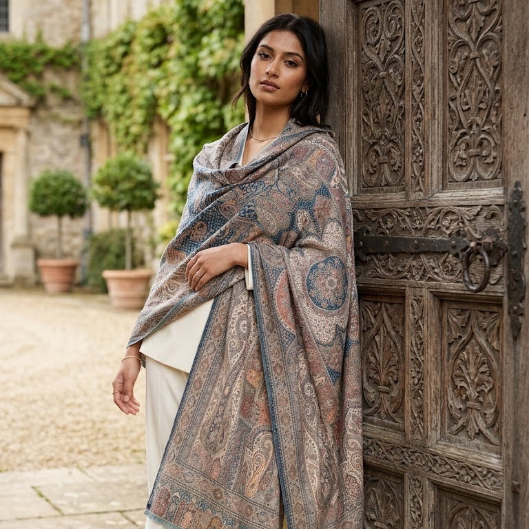 A woman stands outdoors beside a large carved wooden door, wearing a draped shawl with an intricate paisley pattern in muted blue, beige, and brown tones over a white outfit.